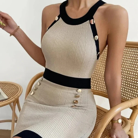 Contrast Trim Button Detail Sweater Dress - Picture 1 of 5